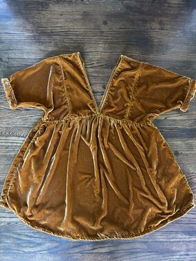 Free People Velvet V-Neck Tunic Dress in Brown/Mustard